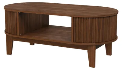Image de Table basse avec rangement - Table de salon ovale - Bois aspect lambris - Étagère ouverte et rangement dissimulé - Style rétro-moderne - 100 x 50 x 50,4 cm - Noyer