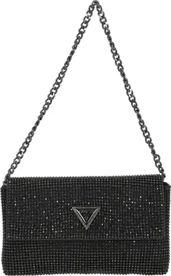 A black clutch bag with a chain strap and a Guess logo.