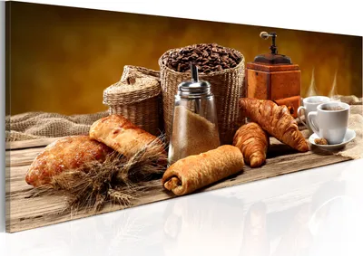 Produktbild von Modernes Wandbild j-A-0059-b-b (135x45) - 1 Teilig Bilder Fotografie auf Leinwand Foto Bild Dekoration Wand Bilder Kunstdruck KAFFEE CROISSANT KÜCHE