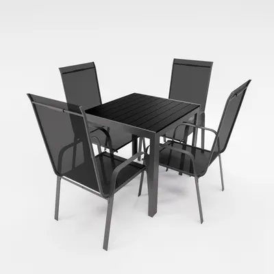 A black metal and fabric outdoor dining set with a square table and four chairs, shown on a white background.