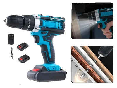 Immagine prodotto di Trapano a percussione, 25+3 livelli di velocità, batteria da 18 V, sistema a doppia batteria, design leggero, tre funzioni
