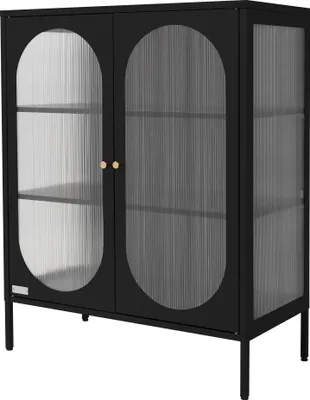 A black display cabinet with fluted glass doors and gold handles, shown against a white background.