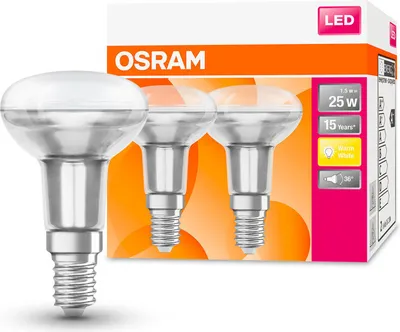 A product package for Osram LED light bulbs, with three bulbs partially visible in front of the packaging.