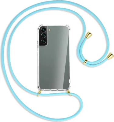 Produktbild von Handykette Backcover-Schutzhülle mit Band (Metall goldfarben) für Samsung Galaxy S22 5G (S901) - himmelblau