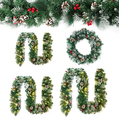 Obrázok produktu pre PVC vianočný ratan 800 cm so 125 LED diódami Vianočný veniec Umelý vianočný veniec Vianočná dekorácia pre interiérové a exteriérové dekorácie (typ A, efekt snehovej vločky a borovicovej šišky) CEEDIR