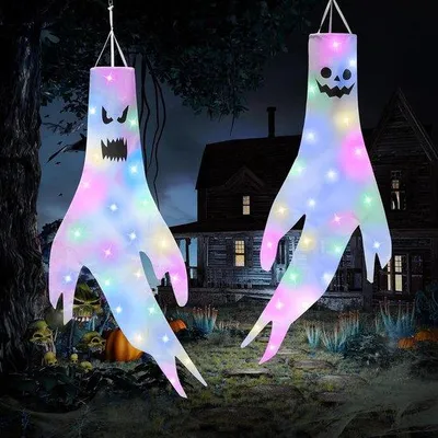 Image de Grande décoration lumineuse pour Halloween - 2 fantômes suspendus avec éclairage LED - Décoration lumineuse effrayante - Fantômes volants pour le jardin - Décoration lumineuse sur le thème de l'horreur pour l'intérieur et l'extérieur