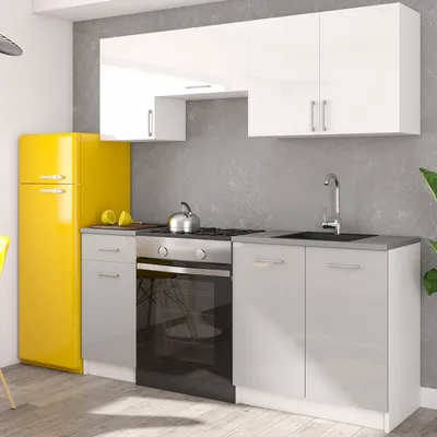 Produktbild von roe-furniture Küchenzeile 180 cm, Grau & Weiß Hochglanz Laminat, Modern, langlebig & pflegeleicht, erweiterbar, ideal für kleine Küchen