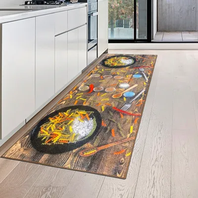 Produktbild von Küchenläufer Teppich waschbar mit bunten Nudeln und Chilli in rot Größe - 80 x 250 cm