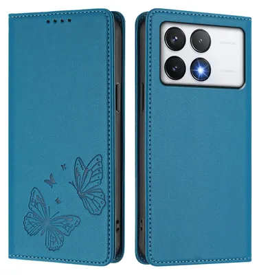 Produktbild von Lederhülle für Xiaomi Poco F6 Pro, Schmetterling Prägung Leder Brieftasche Schutzhülle mit Ständer Blau