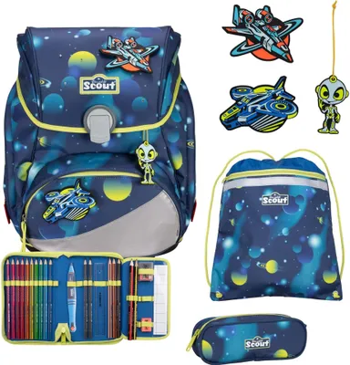 A collection of school supplies with a space theme, including a backpack, pencil case, and drawstring bag.