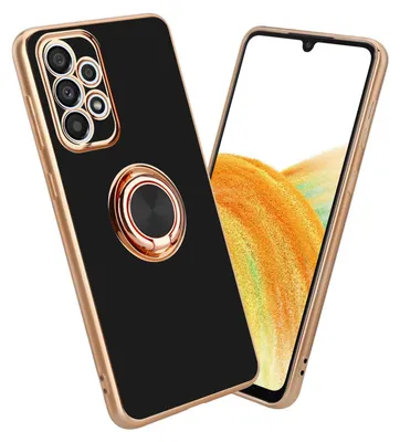 A black phone case with a gold ring stand is shown next to a smartphone.