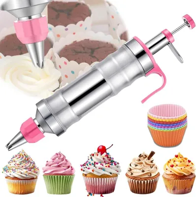 Produktbild von Dessertdekorationsspritze - Set aus Edelstahl - 6 Spritztüllen - Werkzeug zum Verzieren von Torten und Cupcakes