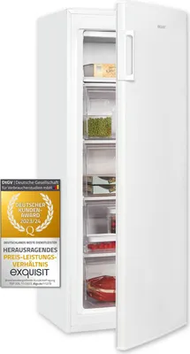 A white upright freezer with its door ajar, revealing multiple transparent drawers containing food items. A badge is affixed to the left side of the freezer.