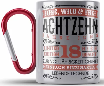 Produktbild von Trendation - 18. Geburtstag Edelstahl Tasse Karabiner Geschenk 18er Geschenkidee Mädchen Jungen Lustiger Spruch Legende (Rot)