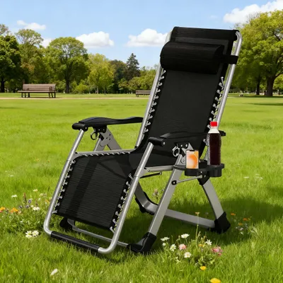 Obrázek produktu pro Zahradní lehátko Skládací lehátko Relaxační lehátko na balkon, skládací lehátko s nosností 200 kg, kempingová židle s nastavitelným opěradlem pro venkovní zahradní terasu, šedá barva