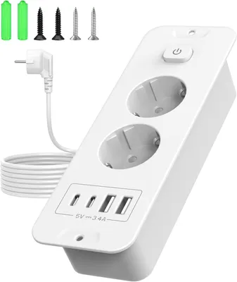 Produktbild von Einbausteckdosenleiste mit USB – 2 Anschlüsse: 2 USB-A, 2 USB-C – Weiß