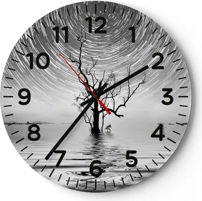 Produktbild von Wanduhr - Rund - Glasuhr - Schwarzweiß Baum See - 30x30cm - Schleichendes Uhrwerk - Lautlos - zum Aufhängen bereit - Dekoration Modern - Wanddekoration aus Glas - C4AR30x30-4253