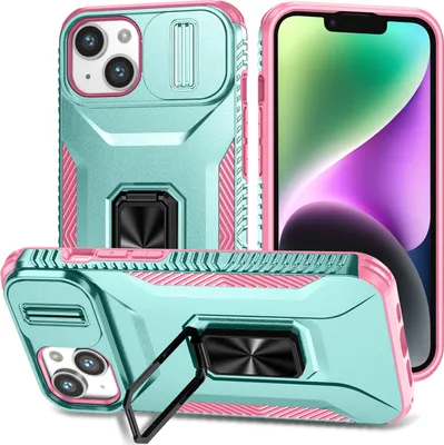 A product shot of a phone case with a ring holder and camera cover, shown from multiple angles.
