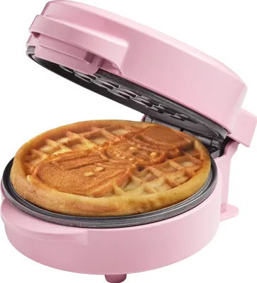 Produktbild von Bestron Mini-Waffeleisen mit Schneemann-Muster, kleiner Waffelmaker mit Antihaftbeschichtung, für Kindergeburtstage, Familienfeiern, Ostern oder Weihnachten, Retro Design, 550 Watt, Farbe: Pink