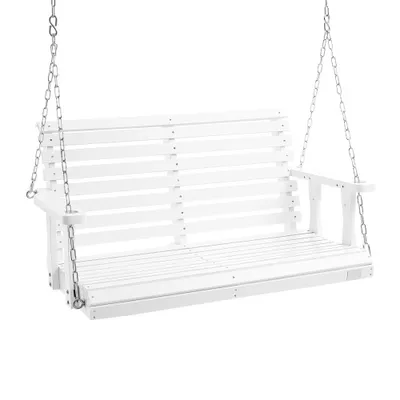 Zdjęcie produktu dla Huśtawka Hollywood wykonana z drewna cedrowego - 1240x710x600 mm - Huśtawka ogrodowa do ogrodu i na podwórko - Zwiększona nośność ok. 400 kg - Solidna ławka z łańcuchami do użytku na zewnątrz - Biała