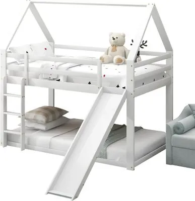 Produktbild von Etagenbett mit 2 Schlafgelegenheiten, Lattenrost, Leiter und Rutsche, 90x200 cm, Kinderbett mit Rausfallschutz, Hausbett, Kiefer