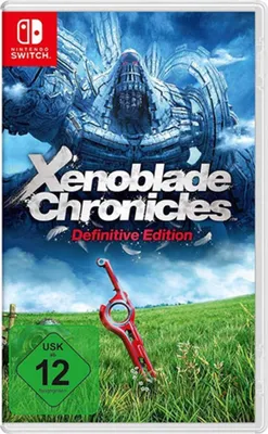 The image shows the game box for Xenoblade Chronicles: Definitive Edition for Nintendo Switch. The box features artwork of a giant mechanical being in the sky and a red sword in a grassy field.