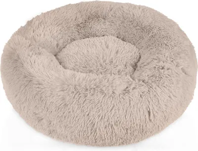 A round, plush pet bed.