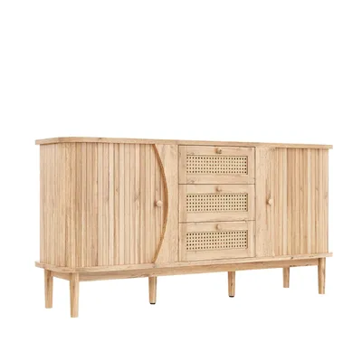A wooden sideboard with rattan accents is shown against a white background.