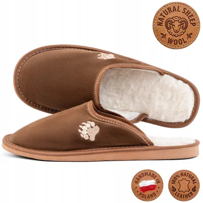 Productafbeelding van Heren slippers van bruin leer met schapenvacht, model berenpoot, met de hand genaaid, maat 44