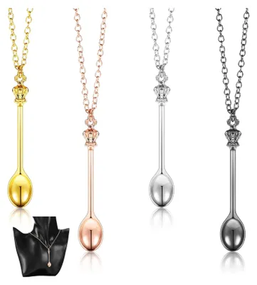 Produktbild von 4-teiliges Löffel-Halsketten-Set, Mini-Löffel-Halskette, Glamour-Löffel-Anhänger-Halskette, kleine Mini-Teelöffel-Halskette, lange Löffel-Halskette (Schwarz, Silber, Gold, Roségold)
