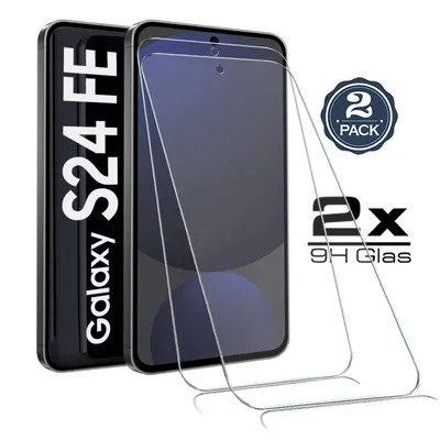 A product shot of two screen protectors for a Samsung Galaxy S24 FE phone, with packaging elements and text overlays.
