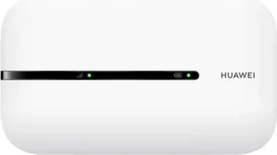 A white Huawei mobile LTE router with a black strip containing indicator lights and the Huawei logo.