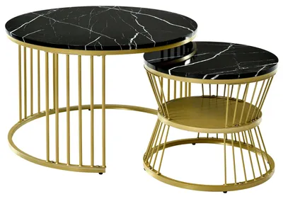Produktbild von Modernes Satztisch Set - Runder Couchtisch 2er Set - Marmordekor Tischplatte - Metallgestell - Belastbar bis 30 kg - Schwarz
