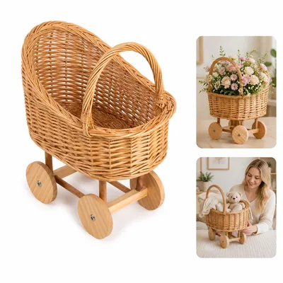 Produktbild von Aufbewahrungskorb im Kinderwagen-Design, handgeflochtener Weidenkorb, klein, als Dekokorb, Geschenkkorb, Tischdeko und Fotorequisit