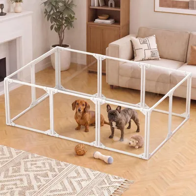 Image de Enclos pour chiots en acrylique transparent avec cadre métallique, 60 cm de haut, composé de 10 panneaux, avec porte