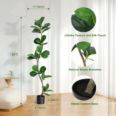 Produktbild von Künstlicher Geigenfeigenbaum - Kunstpflanze Baum - 150 cm hoch mit Topf - Realistische Blätter - Deko für Wohnzimmer und Homeoffice