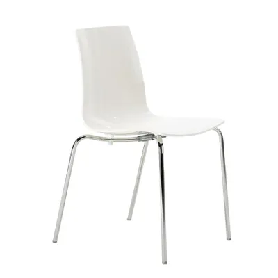 A single white chair with silver legs on a white background.