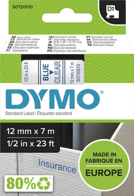 Produktbild von DYMO Original D1-Etikettenband | blau auf transparent | 12 mm x 7 m | selbstklebendes Schriftband | für LabelManager-Beschriftungsgerät
