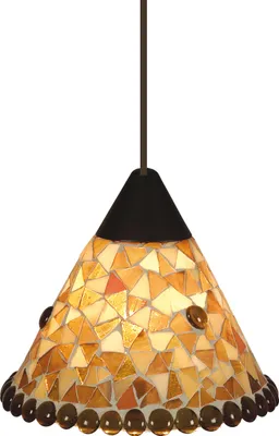 A hanging lamp with a mosaic glass shade.