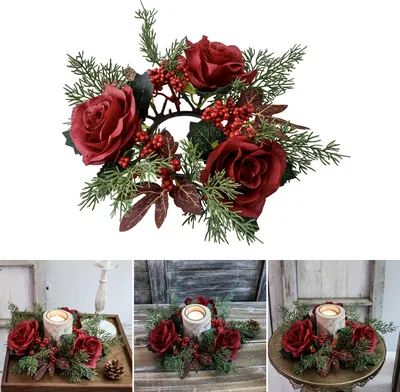 Produktbild von Künstlicher Blumen-Kerzenring-Kranz, handgefertigt, Kunststoff, purpurrote Rosenbeeren, Kerzenhalter für Weihnachten, Erntedankfest, Zuhause, Party, Tischdekoration, Rot