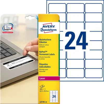 Zdjęcie produktu dla Avery L6146-20, Biały, A4, Akrylowy, 20 ark., 63,5 mm, 33,9 mm