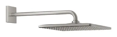 A silver shower head and arm mounted on a white background.