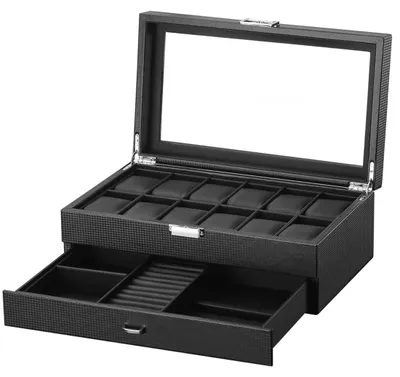 Produktbild von Uhrenbox Schmuckkasten Uhrenkoffer - 2 Ebenen - 12 Fächer und Schublade - Glasdeckel - Schwarz
