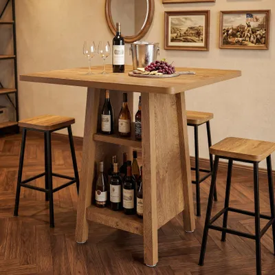 Image de Table de bar Tribesigns avec rangement, hauteur 90 cm, table haute avec 2 étagères ouvertes, mobilier de bistrot de style rustique pour la cuisine ou le coin café, brun rustique