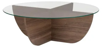 Image de Table basse de salon en verre trempé et bois MDF mélaminé noyer 90 x 90 x 30 cm