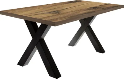 A rectangular dining table with a wood-grain top and black X-shaped legs, isolated on a white background.