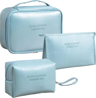 Produktbild von Tragbares Kosmetiktaschen-Set in Blau 3er Pack PolyurethanWasserdicht 1 Groß 2 Klein für Reisen und Alltag Leicht und Verschleißfest