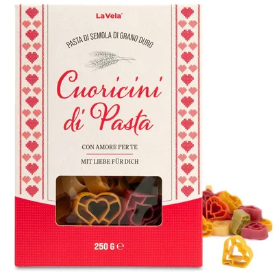 Produktbild von La Vela Cuoricini di Pasta, Bunte Nudel Herzen in der Geschenkpackung, 250g