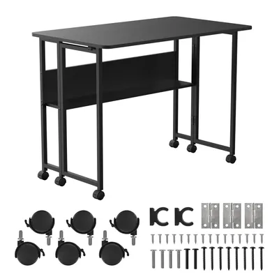 A black folding table with a shelf and wheels, along with its accessories, displayed against a white background.