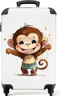 Obrázok produktu pre NoBoringSuitcases.com® Kufr Príručná batožina na kolieskach Rolling suitcase Malý cestovný kufor na 4 kolieskach - Monkey - Brown - Watercolour - Animals - Girls - Boys - Cabin Size < 55x40x23 cm & 55x40x20 cm - Foto kufor - Cabin suitcase - Board luggagePríručná batožina Kufor 55x35x20 cm, 36L,